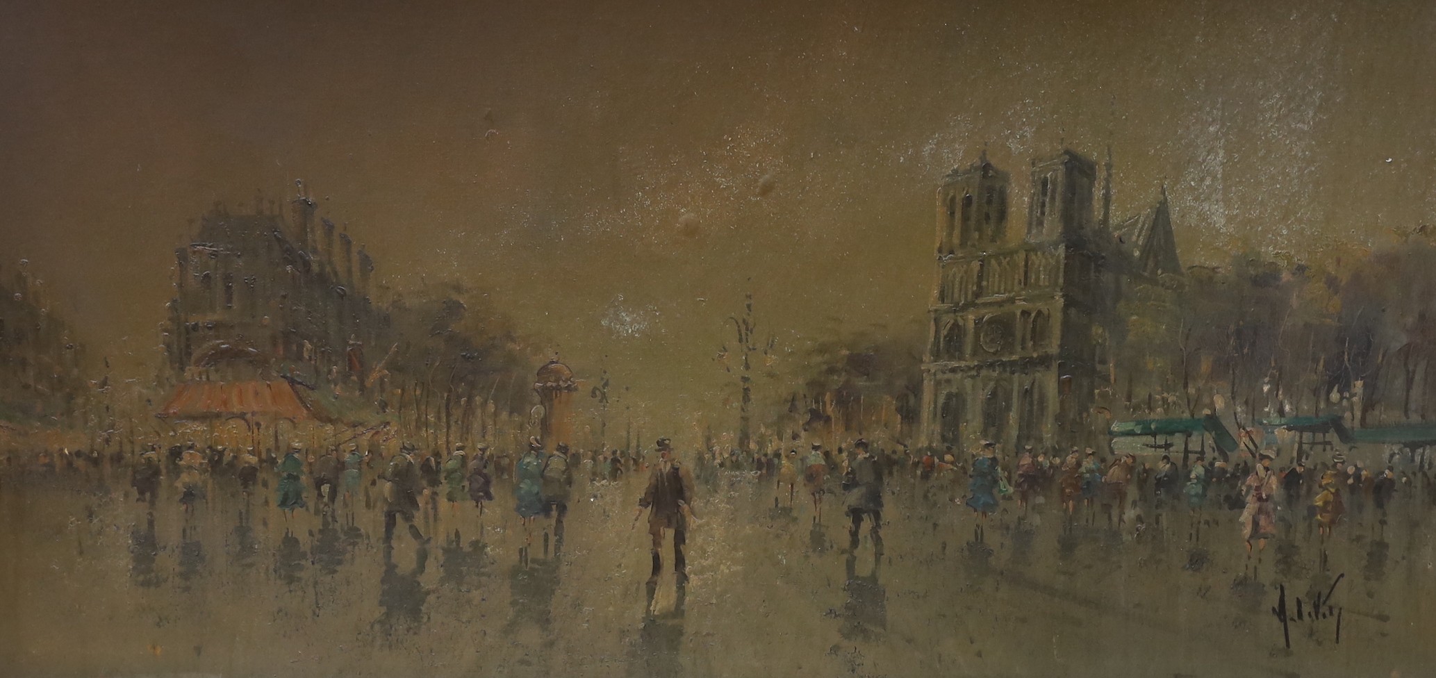 Antonio De Vity, oil on canvas laid on board, View of Notre Dame, indistinctly signed, 58 x 120cm, (smoke damaged)